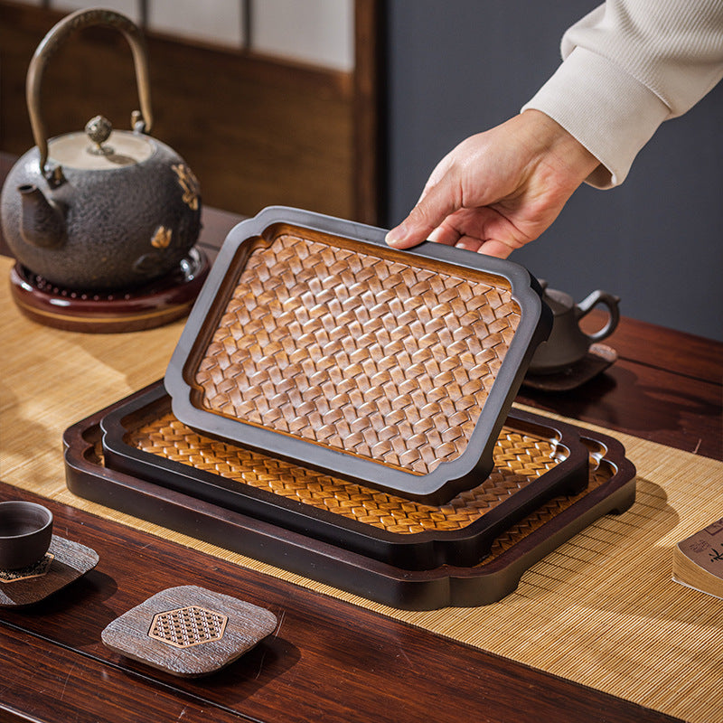 中式茶具围炉煮茶盘浮雕席面竹编泡茶盘新圆形家用竹制小巧茶托盘Chinese-style tea set, tea-brewing tray for use around a brazier, relief-patterned bamboo-woven tea-brewing tray, new round compact bamboo tea tray for home use