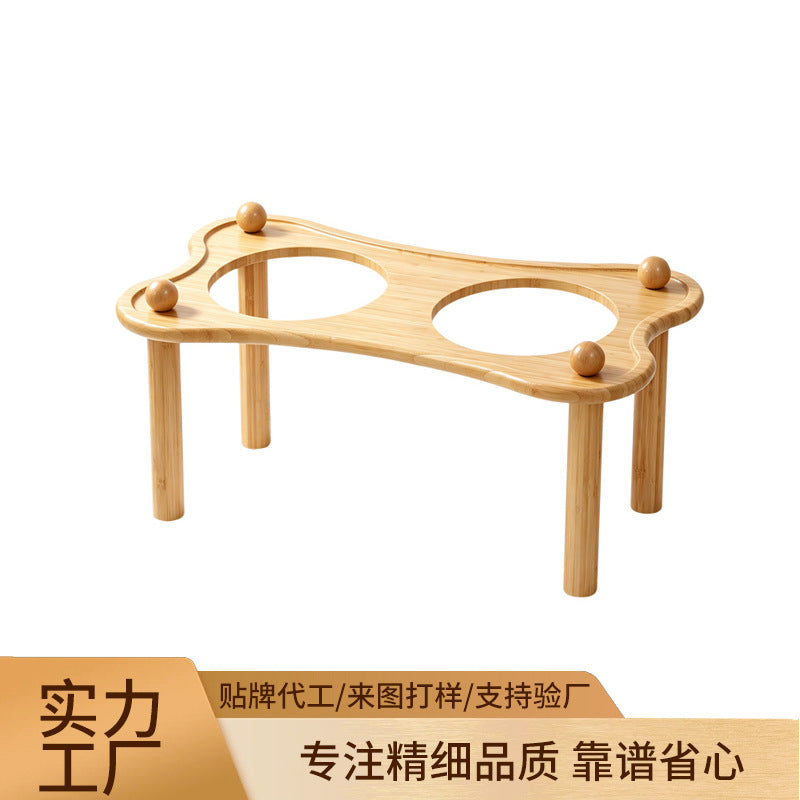 定制竹木狗碗架不锈钢可拆卸狗碗护颈防打翻宠物粮食盆来图可贴标Bespoke bamboo and wood dog bowl stand; stainless steel, detachable dog bowl with neck guard to prevent spilling; pet food bowl; customisable with your design and labelling