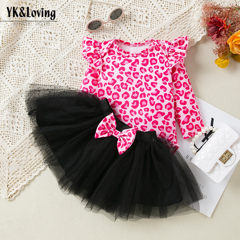 Baby Girl Party Dress Holiday Set: Stylish and Cute Leopard-Print Tulle Princess Dress with Flare Sleeves (2-Piece Set)