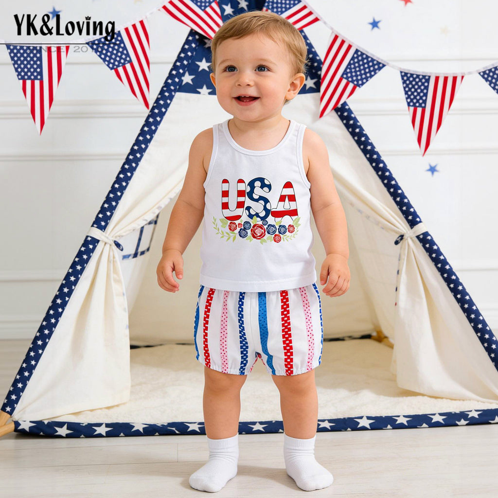 美国独立日套装印花字母无袖T恤条纹短裤2件套American Independence Day Baby Outfit Set: Printed Letter Sleeveless T-Shirt and Striped Shorts (2-Piece Set)