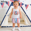美国独立日套装印花字母无袖T恤条纹短裤2件套American Independence Day Baby Outfit Set: Printed Letter Sleeveless T-Shirt and Striped Shorts (2-Piece Set)