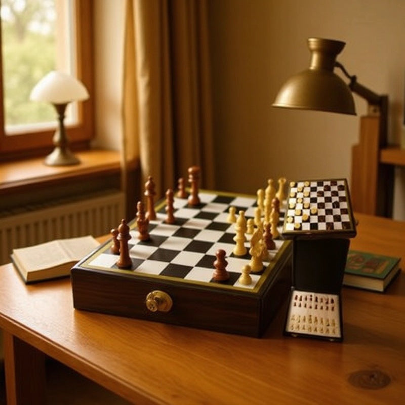 厂家直销盒式丝印国际象棋 EVA内衬木制棋子金属扣礼品国际象棋Factory-direct boxed screen-printed chess set with EVA lining, wooden pieces and metal clasps – gift-quality chess set
