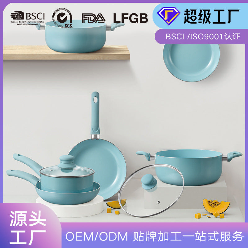 定制贴牌家用套装锅清新加厚复底汤锅奶锅煎盘组合礼品锅具不粘锅Customised, private-label household cookware set: fresh-looking, thick-bottomed soup pot, milk pot and frying pan combination – gift set of non-stick cookware