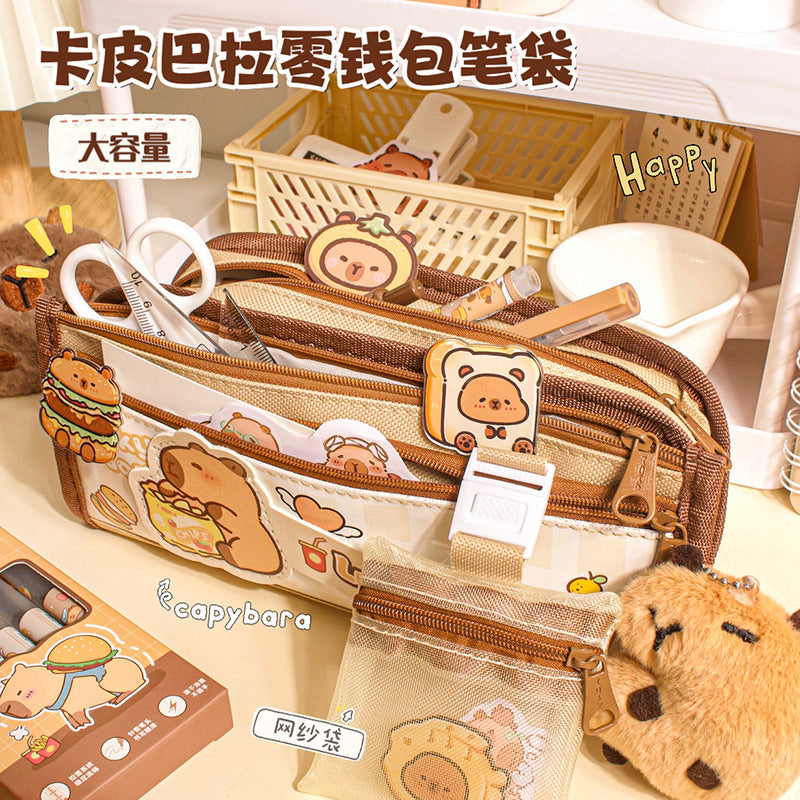 卡皮巴拉文具收纳袋可爱少女心零钱包多隔层笔盒学生大容量铅笔袋Capybara Stationery Organizer Bag: Cute, Girly Coin Purse with Multiple Compartments—Large-Capacity Pencil Case for Students