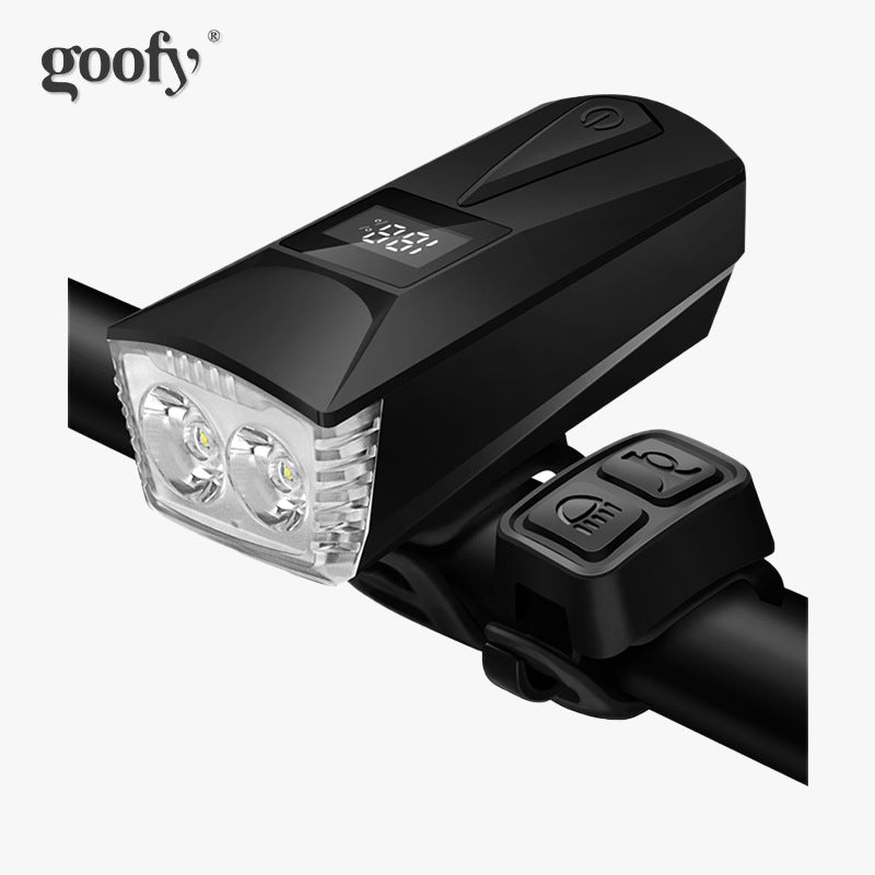 多功能自行车前灯带警鸣与喇叭灯双T6光源数显自行车灯Multifunctional bicycle front light with warning beeper and horn, dual T6 light sources and digital display