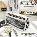 简约三层大容量笔袋ins风黑白棋盘格透明文具袋学生用考试铅笔袋Minimalist 3-Compartment Large-Capacity Pencil Case, Black-and-White Checkered Pattern, Transparent Stationery Pouch, Student Exam Pencil Case