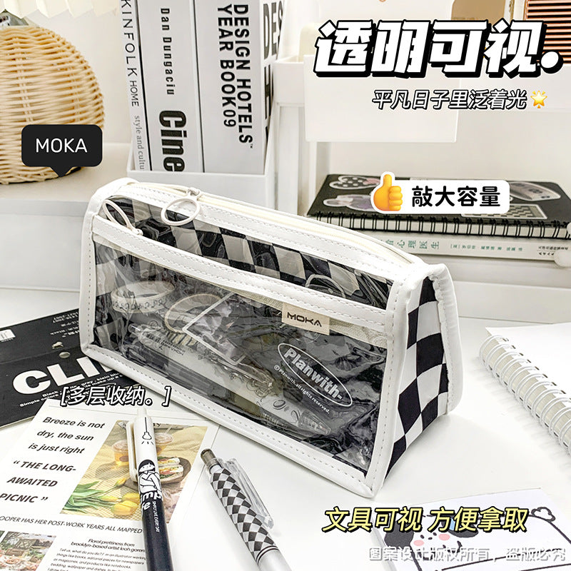 简约三层大容量笔袋ins风黑白棋盘格透明文具袋学生用考试铅笔袋Minimalist 3-Compartment Large-Capacity Pencil Case, Black-and-White Checkered Pattern, Transparent Stationery Pouch, Student Exam Pencil Case