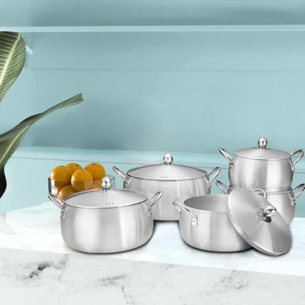 跨境原色缩口锅16-24CM普通砂光锅铝制简约汤锅套装批发potCross-border natural-colour tapered-rimmed pots, 16–24 cm, standard sandblasted aluminium minimalist soup pot set – wholesale