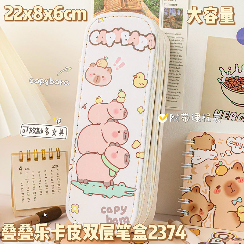 MOKA创意双层笔盒卡皮巴拉大容量可爱文具铅笔盒卡通可爱学生笔袋MOKA Creative Double-Layer Pencil Case—Capybara, Large Capacity, Cute Stationery Pencil Case, Cartoon-Style, Cute Student Pencil Pouch