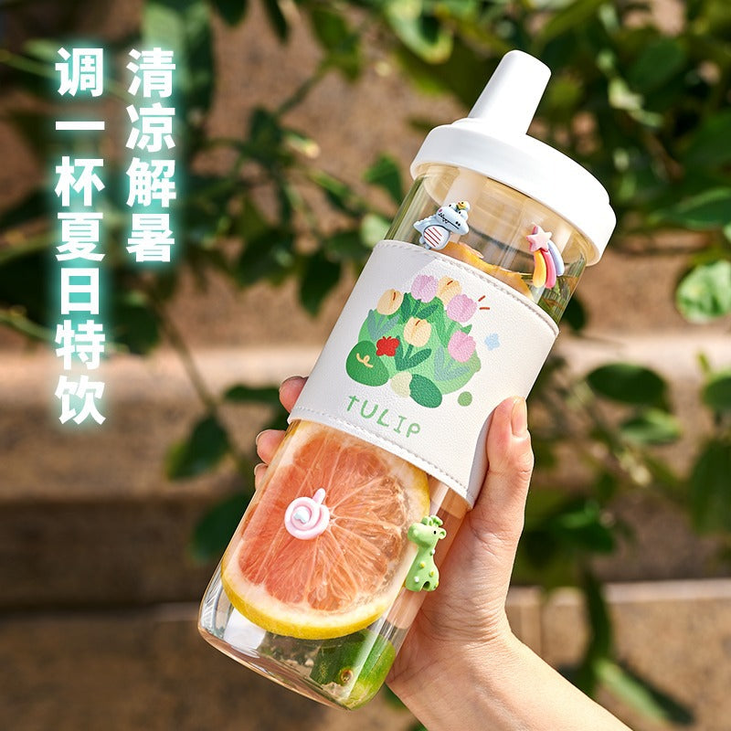 女高颜值杯子家用仙女杯便携牛奶果汁吸管杯大容量网红水杯玻璃杯Women's Mugs, Household Mugs, Portable Milk and Juice Straws Mugs, Large-Capacity Trending Water Mugs, Glass Mugs