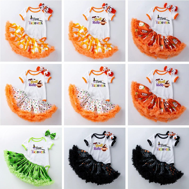 万圣节主题宝宝派对礼服短袖哈衣半身裙发饰3件婴儿套装Halloween-Themed Baby Party Outfit: Short-Sleeve Onesie, Skirt, and Hair Accessory—3-Piece Baby Set