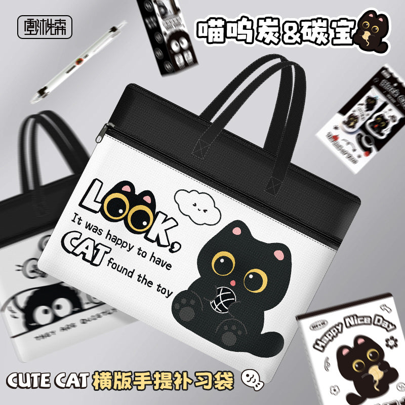 黑猫卡通拉链式手提袋学生高颜值双层帆布包大容量收纳可爱补习袋Black Cat Cartoon Zipper Tote Bag: Stylish Double-Layer Canvas Bag for Students with Large Storage Capacity—Cute Tutoring Bag