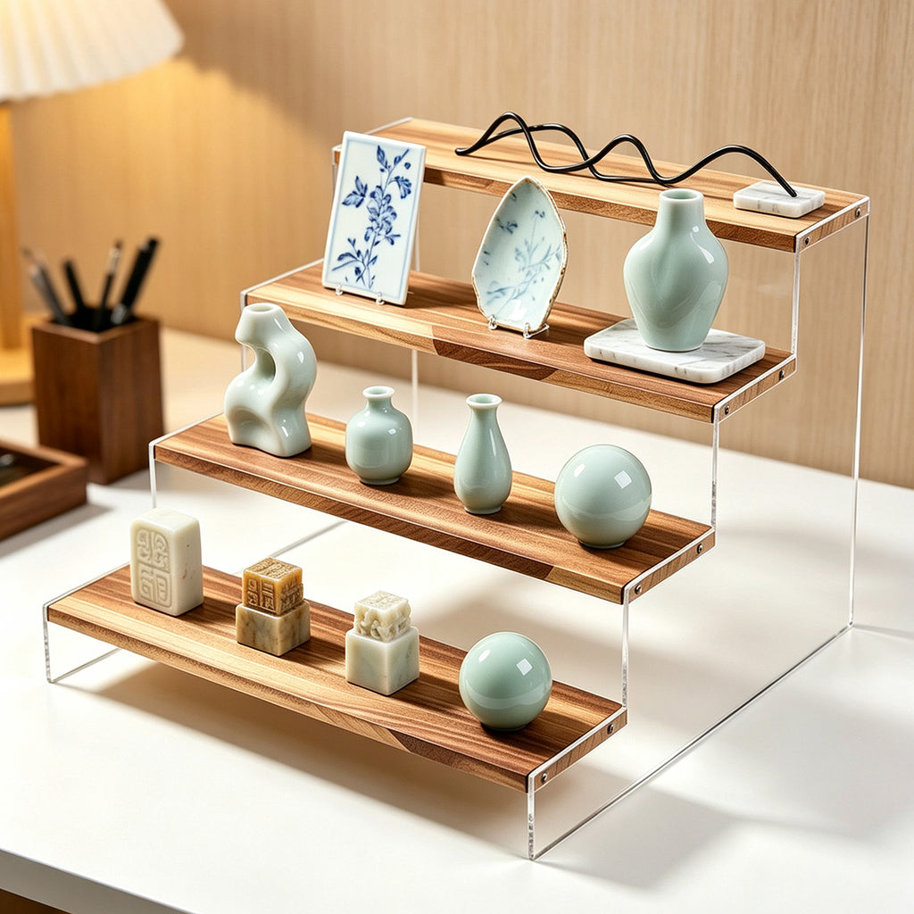 亚克力盲盒展示架阶梯手办公仔化妆品陈列收纳架加宽家居置物架Acrylic blind box display stand, tiered handheld figurine and cosmetics display and storage rack, extra-wide home storage rack