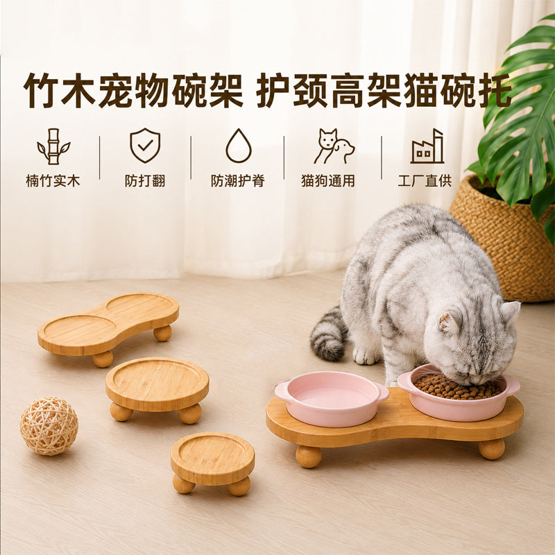 楠竹实木宠物碗架护颈高架猫碗托防打翻防潮猫狗食盆底座喂食架Solid Nanmu Bamboo Pet Bowl Stand with Neck Protection – Elevated Cat Bowl Holder, Anti-tip and Moisture-proof Base for Cat and Dog Food Bowls, Feeding Stand