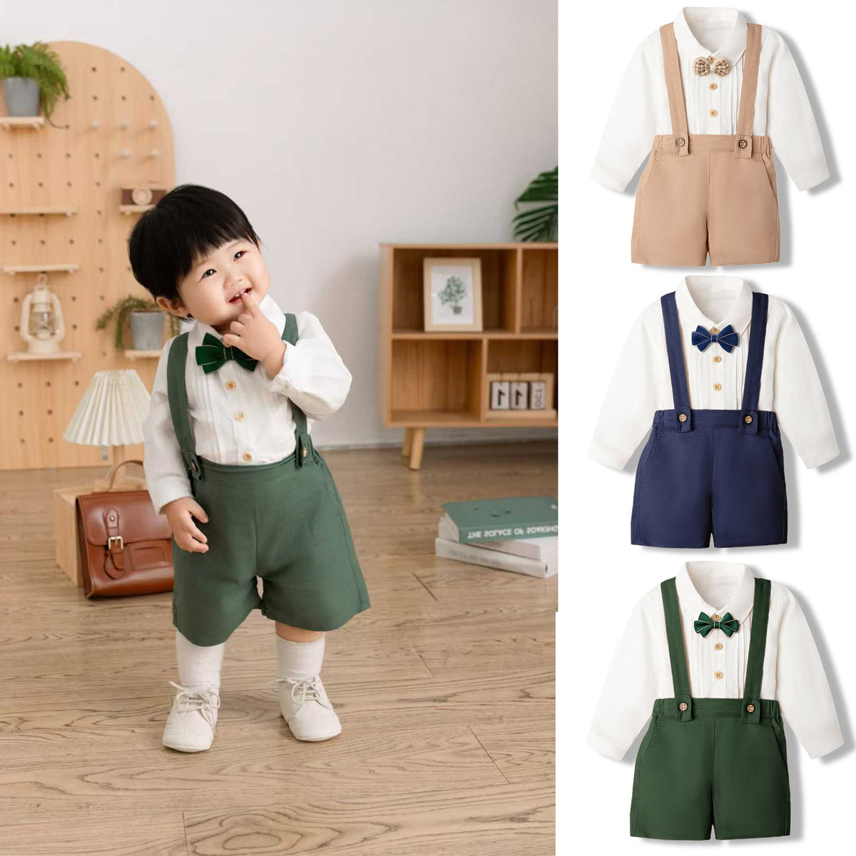 周岁男宝宝绅士礼服套装男童长袖短裤英伦生日背带裤1-Year-Old Boy's Formal Suit Set: Long-Sleeve Shirt and Shorts, British-Style Birthday Overalls