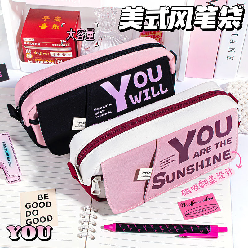 YOU印花翻盖笔袋简约文具袋小学生大容量铅笔盒文具盒YOU Printed Flip-Top Pencil Case: Minimalist Stationery Pouch, Large-Capacity Pencil Case for Elementary School Students