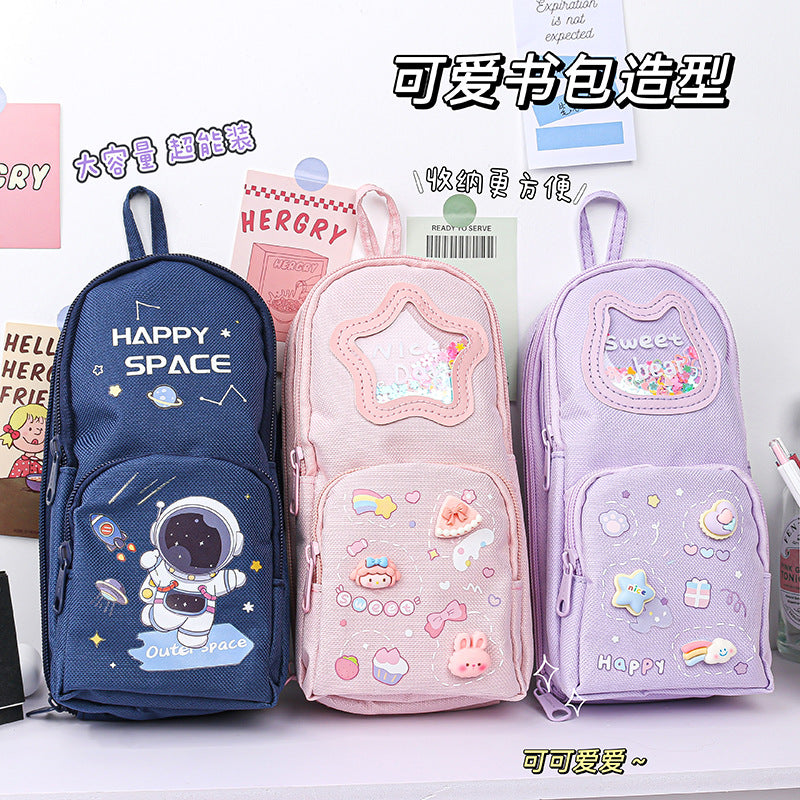 MOKA大容量手提挂绳笔袋可爱卡通男女孩小书包文具袋多层铅笔袋MOKA Large-Capacity Tote Pencil Case with Lanyard—Cute Cartoon Design for Boys and Girls, Small Backpack, Stationery Pouch, Multi-Compartment Pencil Case