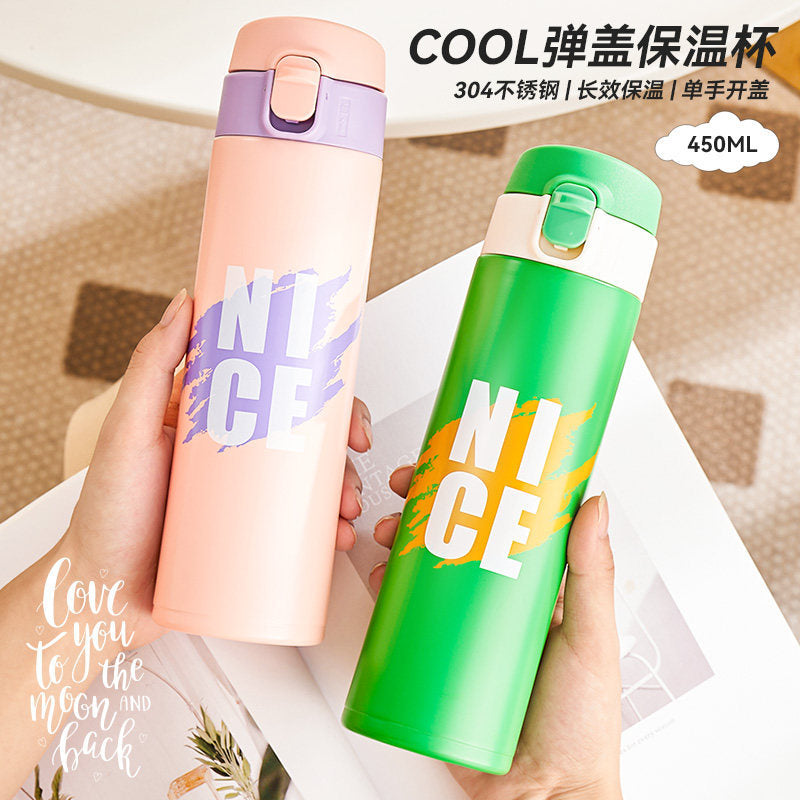 捷安玺批发304不锈钢简约弹盖保温杯外出携带杯子女高颜值保温杯304 Stainless Steel Minimalist Pop-Top Insulated Travel Mug for Men and Women—Stylish and High-Quality