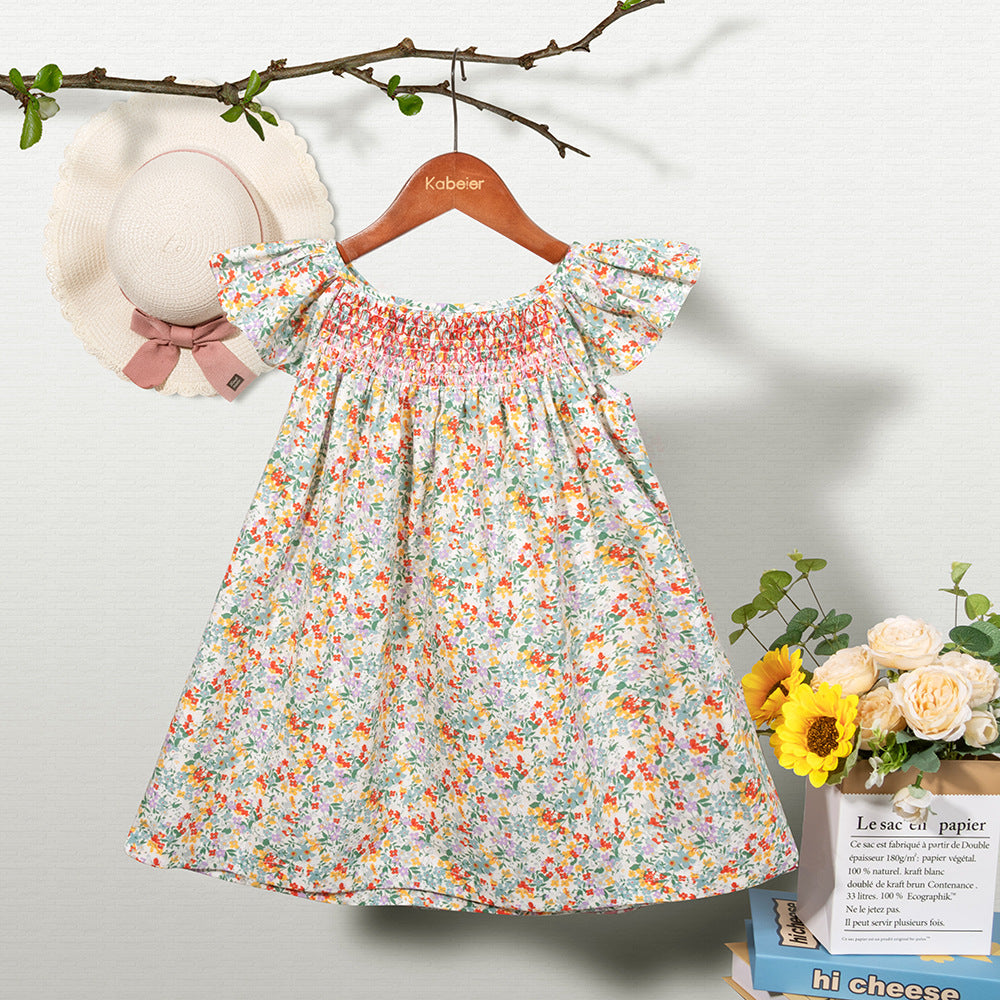 女童打揽碎花连衣裙复古女宝宝飞袖印花公主裙 Girls' Ruffled Floral Dress Vintage-Style Baby Girl Princess Dress with Flare Sleeves and Print