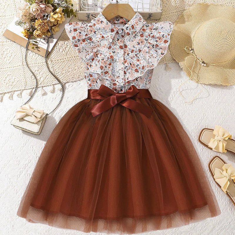 女童无袖翻领花卉印花网纱连衣裙含织腰带女孩公主裙Girls' Sleeveless Collared Floral-Print Tulle Dress with Woven Belt—Princess Dress for Girls