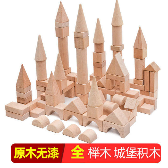 跨境原色榉木无漆城堡积木儿童形状认知启蒙早教叠堆积木玩具批发Wholesale of Cross-Border Natural-Coloured, Unvarnished Beech Wood Castle Building Blocks: Early Learning Shape Recognition Stacking Blocks for Children