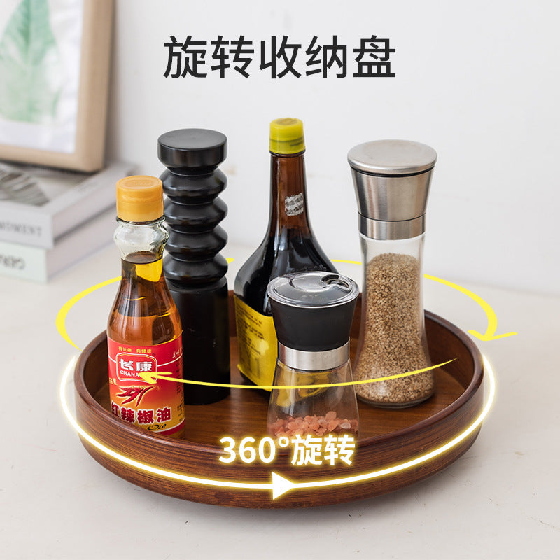 厨房可旋转竹制调味架台面调料架圆形收纳盘转角油盐酱醋调味盘子Rotating bamboo spice rack for the kitchen; countertop spice rack; round storage tray; corner tray for oil, salt, soy sauce and vinegar