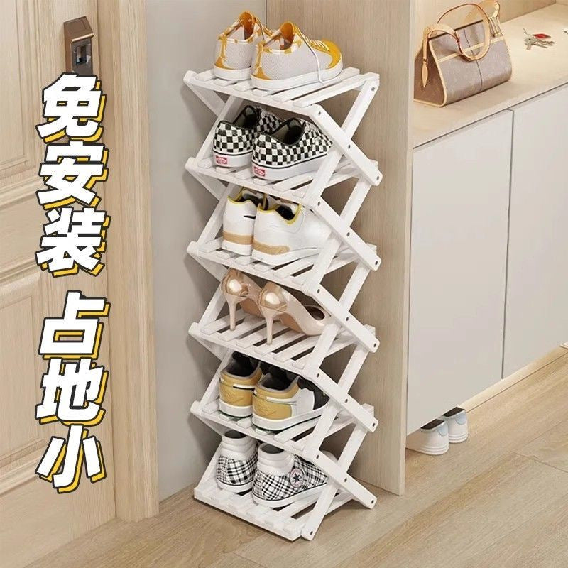 免安装折叠鞋架门口小户型楠竹夹缝窄鞋架多功能多层收纳置物架Installation-free folding shoe rack for small homes; narrow-gap nanmu bamboo shoe rack for doorways; multifunctional multi-tier storage rack