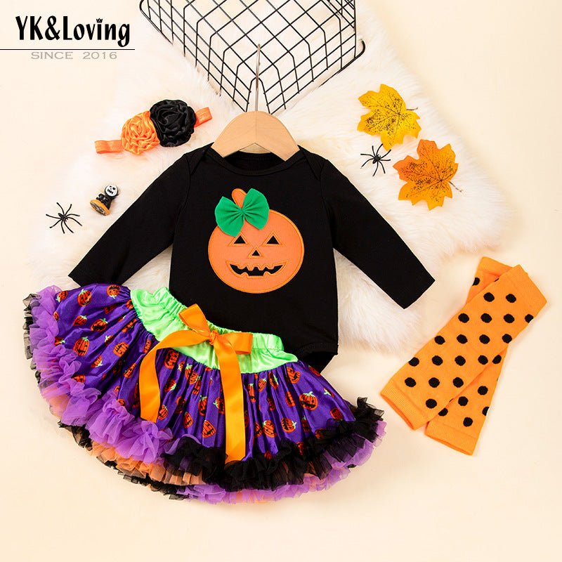 万圣节婴儿服饰女宝宝卡通南瓜长袖哈衣公主裙套装Halloween Baby Outfit for Girls: Cartoon Pumpkin Long-Sleeve Onesie and Princess Dress Set