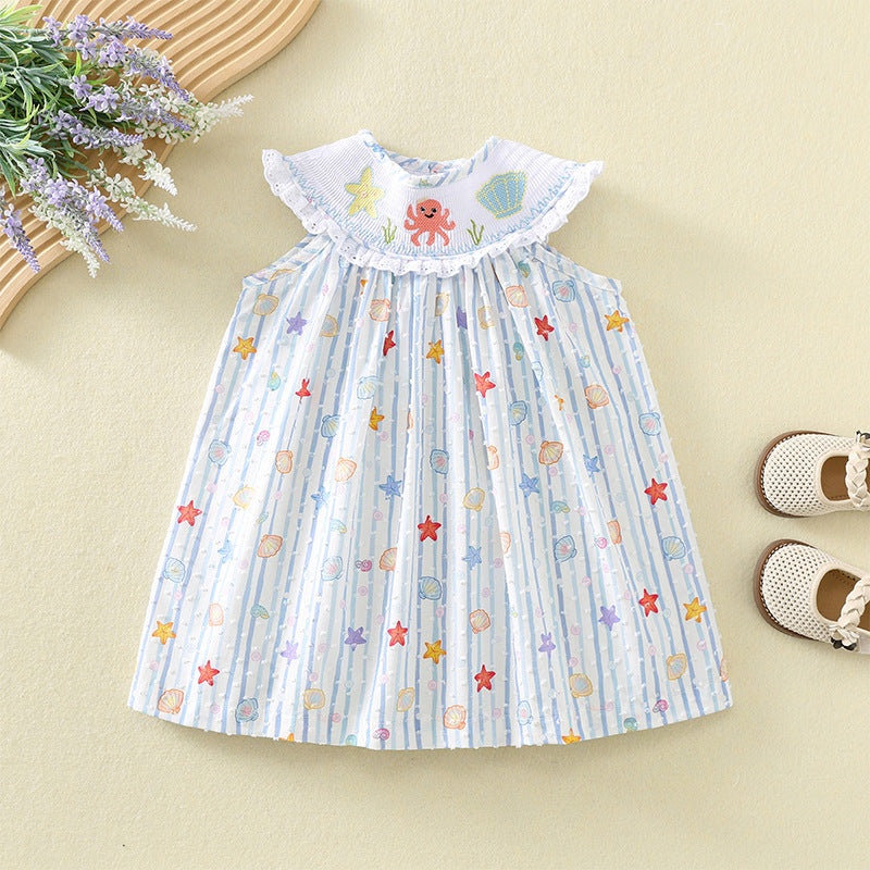 女童夏季棉布打揽连衣裙海星贝壳刺绣公主裙飞飞袖童裙 Girls' Summer Cotton Ruffle Dress with Starfish and Seashell Embroidery, Princess-Style Dress with Flowy Sleeves