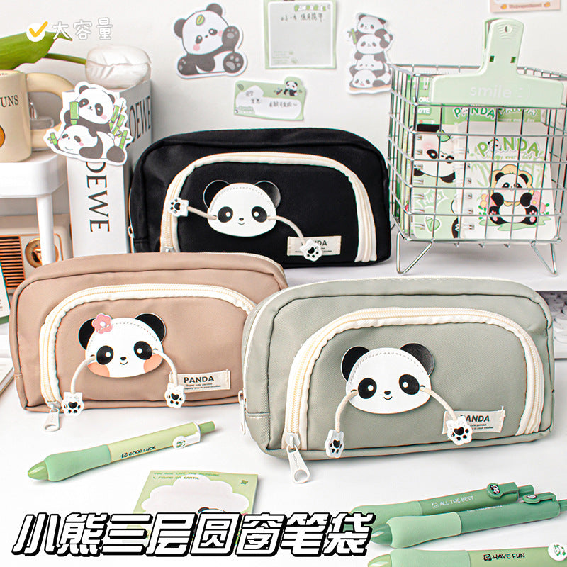 MOKA魔卡熊猫三层圆窗笔袋男女通用学生大容量高颜值文具盒铅笔袋MOKA Panda Three-Layer Round-Window Pencil Case—Unisex, Large Capacity, Stylish Student Pencil Case