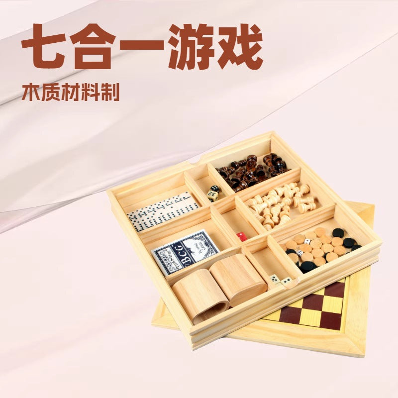 多合一游戏棋 国际象棋组盒 木质棋盘棋子七合一 国际象棋组盒游All-in-One Board Game Set: Chess Set Box – 7-in-1 Wooden Board and Pieces – Chess Set Box Game