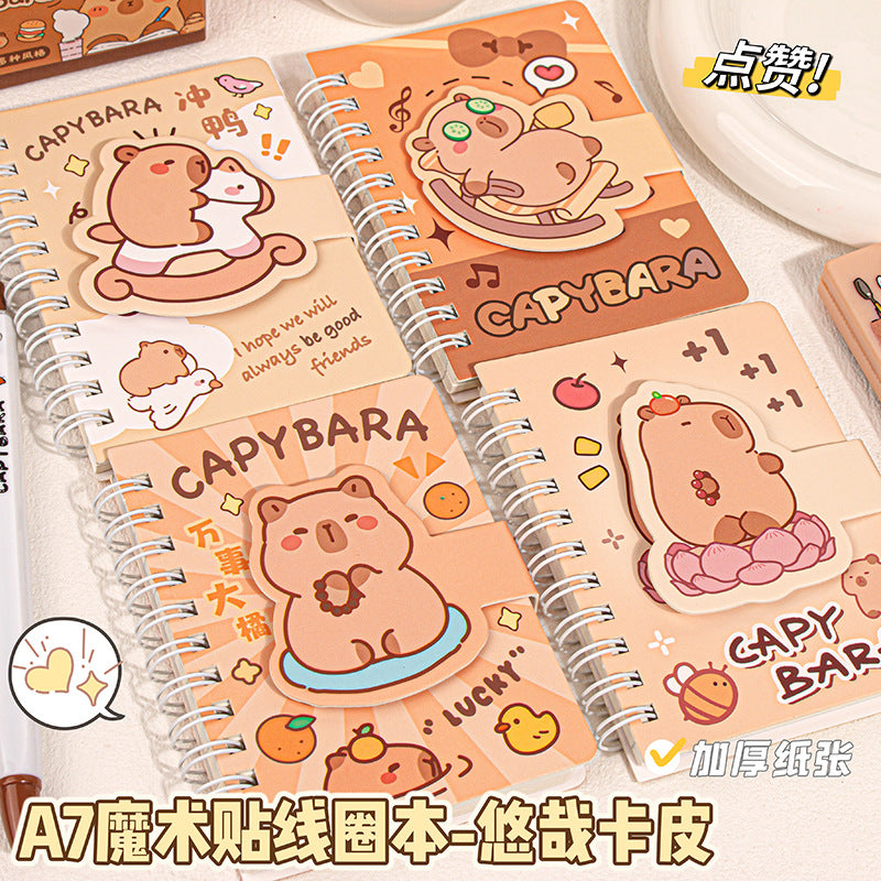 MOKA卡皮巴拉卡通魔术贴线圈本迷你小本子a7便携笔记本学生文具MOKA Capybara Cartoon Velcro Spiral-Bound Mini Notebook, A7 Portable Notebook, Student Stationery