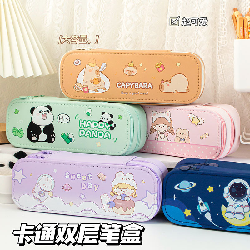 MOKA卡皮巴拉学生笔盒卡通双层大容量高颜值diy儿童文具盒MOKA Capybara Student Pencil Case: Cute, Double-Layer, Large-Capacity, Stylish DIY Children's Stationery Case