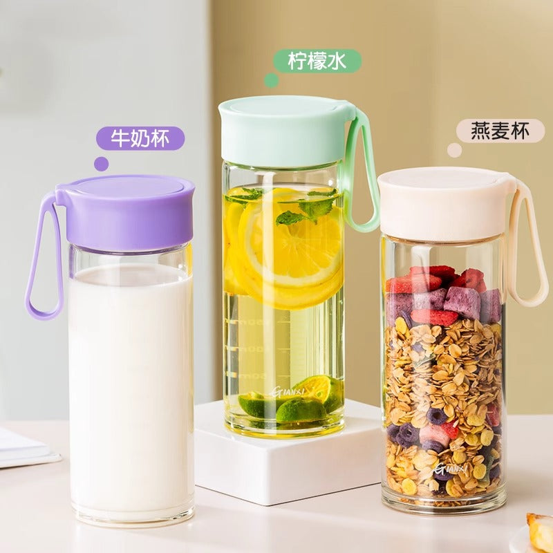 带提手刻度牛奶杯微波炉可加热豆浆杯家用便携外带玻璃水杯燕麦杯Milk Cup with Handle and Measurement Markings, Microwave-Safe Soy Milk Cup, Household Portable Takeout Glass Water Cup, Oatmeal Cup