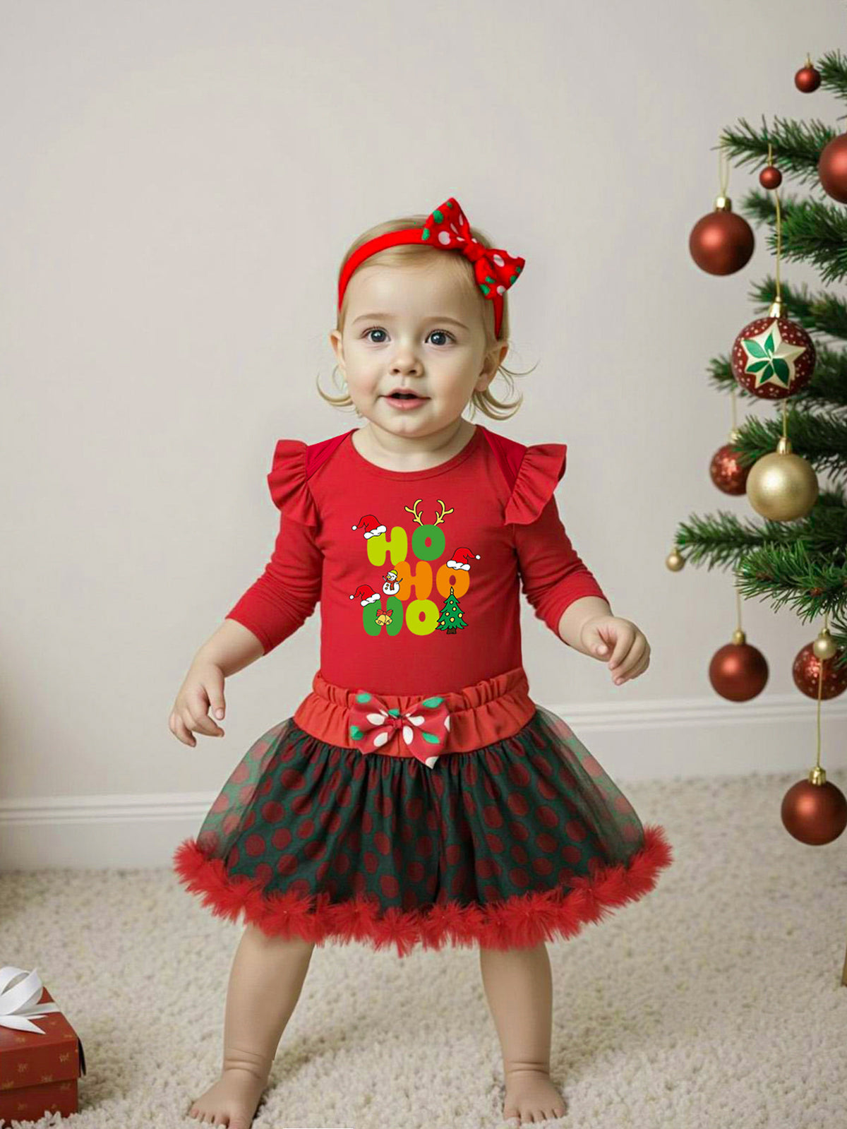 女宝宝圣诞节裙套装长袖哈衣半身裙发饰3件套婴童派对服Baby Girl Christmas Dress Set: Long-Sleeve Onesie, Skirt, and Hair Accessory—3-Piece Baby & Toddler Party Outfit