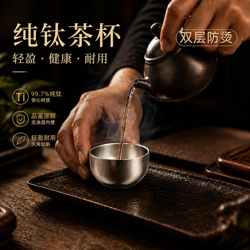 纯钛小茶杯双层隔热钛杯家用待客喝茶品茗杯高档商务功夫茶具Pure Titanium Small Teacup, Double-Layer Insulated Titanium Cup, for Home Use, Entertaining Guests, and Tea Tasting; High-End Business-Style Gongfu Tea Set