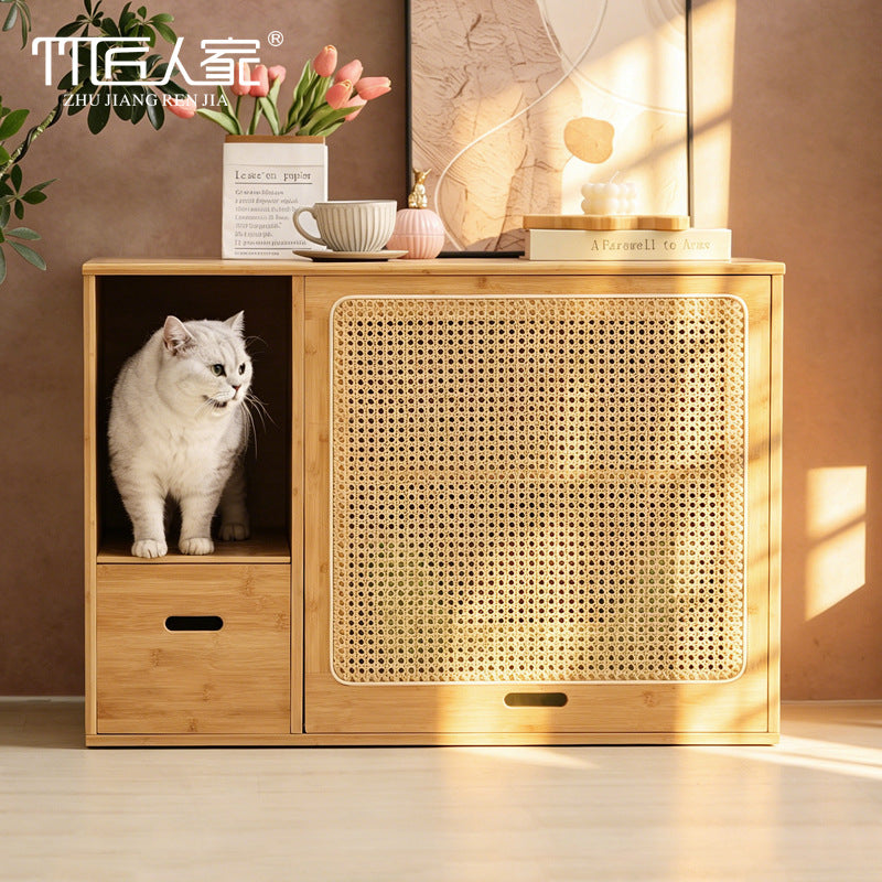 竹制藤编猫砂柜猫厕所通风隔臭猫厕储物一体家用隐藏猫砂盆宠物柜Bamboo and rattan cat litter cabinet – ventilated, odour-proof cat toilet with integrated storage; concealed household cat litter tray and pet cabinet