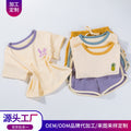 夏薄款男女宝宝休闲纯棉两件套卡通刺绣T恤短裤套装 Two-Piece Set for Baby Boys and Girls: T-Shirt and Shorts Set with Cartoon Embroidery