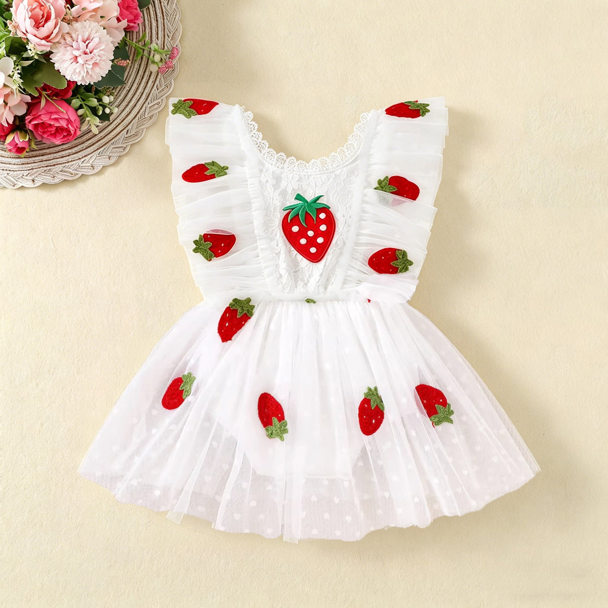 婴幼女童夏季哈衣草莓贴布连体衣绣花波点网纱裙 Summer Romper for Infants and Toddler Girls with Strawberry Patch, Embroidered Polka-Dot Tulle Skirt