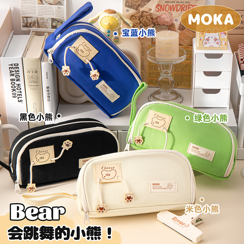 MOKA跳舞小熊笔袋提手大容量笔盒简约卡通提手帆布文具袋盒 MOKA Dancing Bear Pencil Case with Handle—Large-Capacity Pencil Case, Minimalist Cartoon-Style Handle, Canvas Stationery Bag