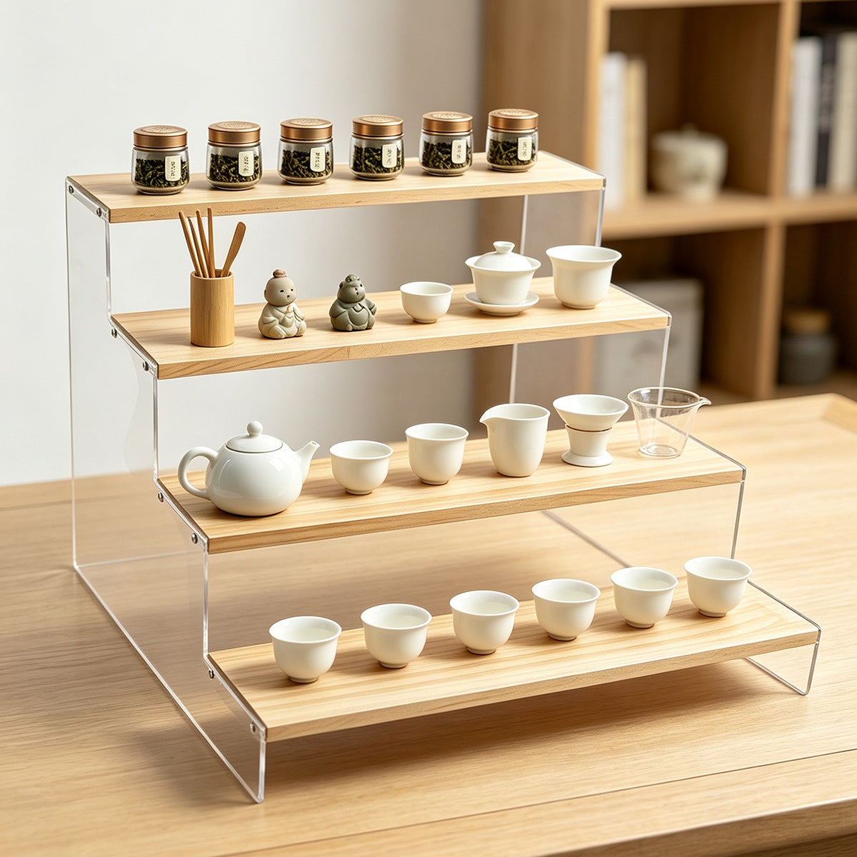 简约桌面多层置物架木质家用茶具杯子加宽摆放收纳架餐边柜陈列架Minimalist multi-tiered wooden desktop storage rack for home use; tea sets and cups; wide display and storage rack; sideboard display stand
