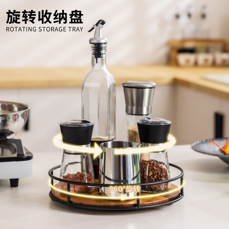 厨房可旋转调料收纳盘相思木铁艺调味架家用多功能旋转置物盘批发Kitchen Rotating Spice Storage Tray – Rosewood and Wrought Iron Spice Rack – Multifunctional Rotating Storage Tray for Home Use – Wholesale