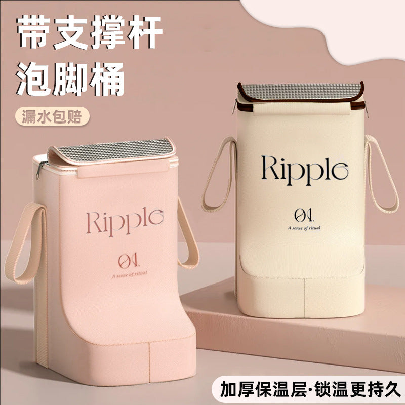 家用泡脚桶过小腿可折叠保温高深桶户外便携式过膝带提手泡脚袋Foldable, insulated, deep household foot bath bucket for above-the-calf use; portable outdoor foot bath bag with handles, reaching above the knee
