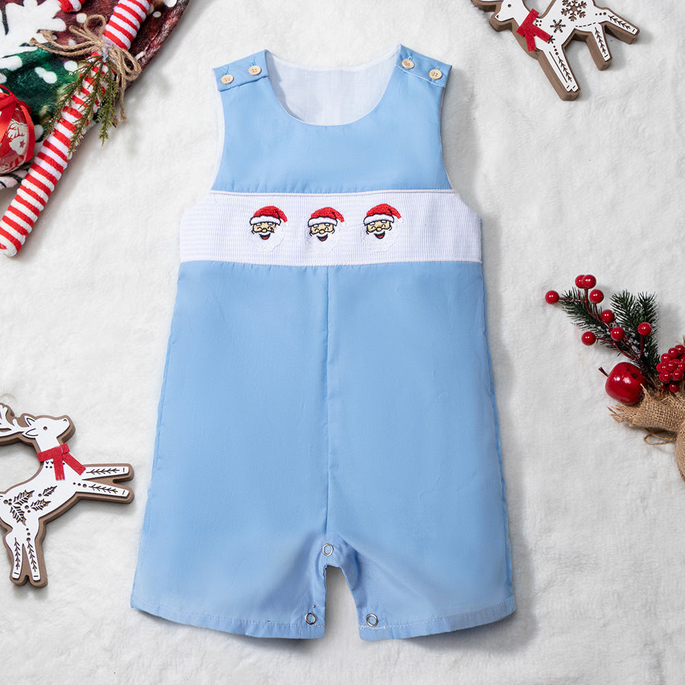 无袖婴幼儿中性圣诞老人刺绣打揽背带裤长款背心款连体裤Sleeveless Unisex Baby and Toddler Santa Claus Embroidered Long-Sleeve Romper with Back Straps