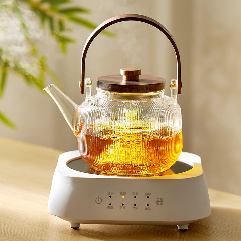 玻璃煮茶壶竖纹茶具套装电陶炉煮茶器下午围炉蒸泡白茶提梁烧水壶Glass Teapot with Vertical Stripes, Tea Set, Electric Ceramic Stove, Tea Maker, Afternoon Tea Set for Steaming and Brewing White Tea, Handle-Style Kettle
