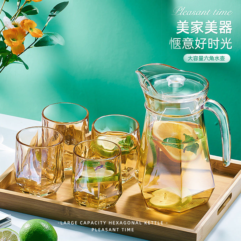 家用鸭嘴式大容量玻璃冷水壶套装 夏季凉白开六角大口径泡茶水壶Home Use Large-Capacity Glass Water Jug Set with Duckbill Spout—Hexagonal Wide-Mouth Teapot for Chilled Water and Tea in Summer