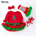 圣诞节女宝宝节日装婴儿春秋长袖红绿包屁裙公主哈衣裙四件套Christmas Outfit for Baby Girls: Spring/Fall Long-Sleeve Red and Green Rompers and Princess-Style Dresses—4-Piece Set