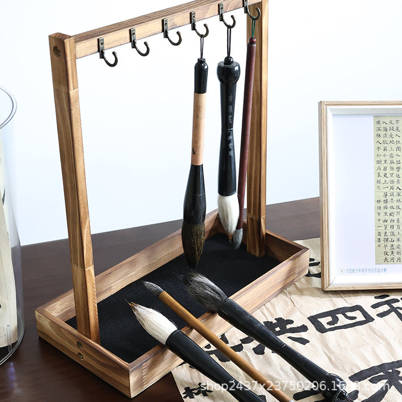 毛笔架笔挂架实木架子展示架墨笔书法专用放笔托挂架文房四宝毛毡Calligraphy brush stand, brush hanger, solid wood stand, display stand, brush rest and hanger specifically for ink and calligraphy brushes, the Four Treasures of the Study, felt