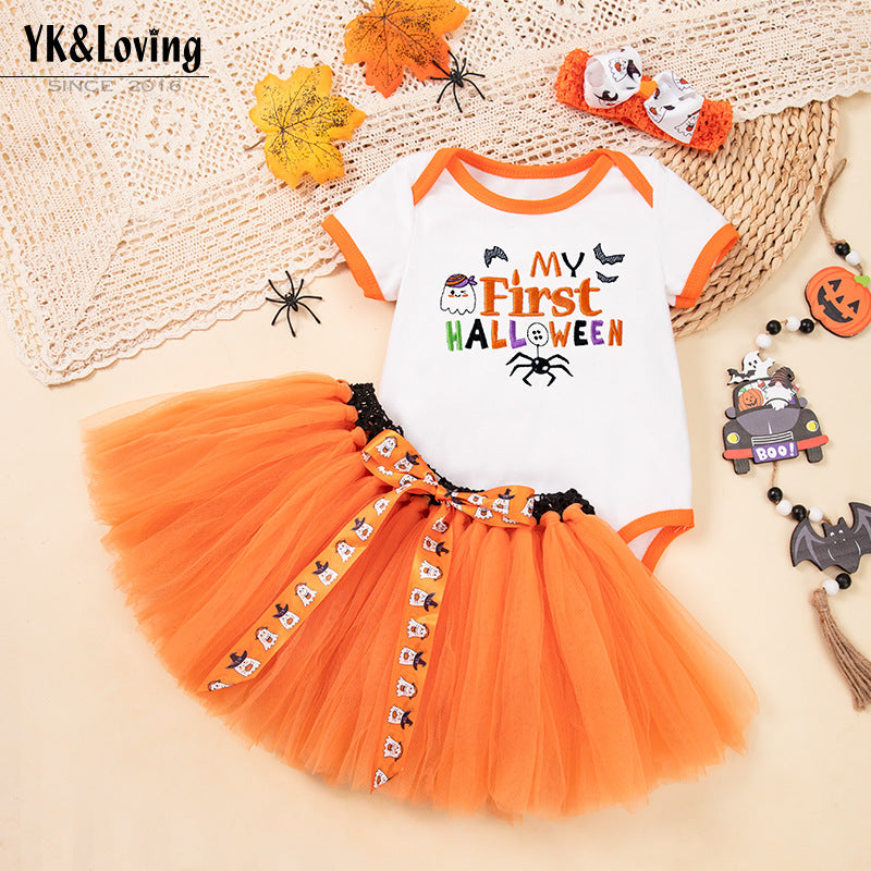 Halloween Costume: 100% Cotton Short-Sleeve Embroidered Witch Hat, Pumpkin Onesie, and Bow Handmade Skirt SetHalloween Costume: Short-Sleeve Embroidered Witch Hat, Pumpkin Onesie, and Bow Handmade Skirt Set