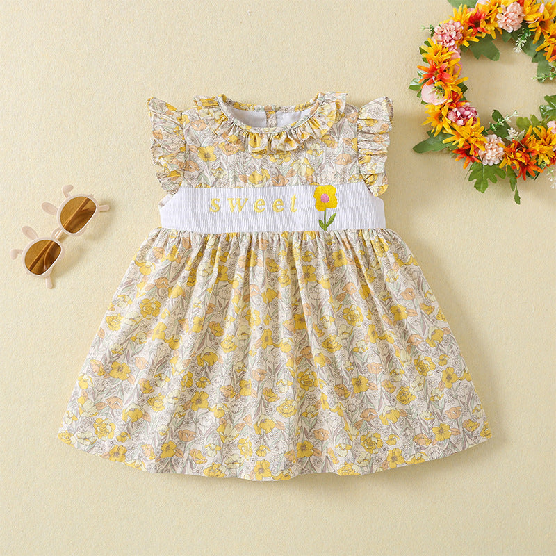 女童连衣裙雏菊刺绣田园复古打揽碎花小飞袖公主裙清新 Girls' Dress: Daisy Embroidery, Rustic Vintage Style, Ruffled Floral Print, Cap Sleeves, Princess-Style, Fresh and Charming